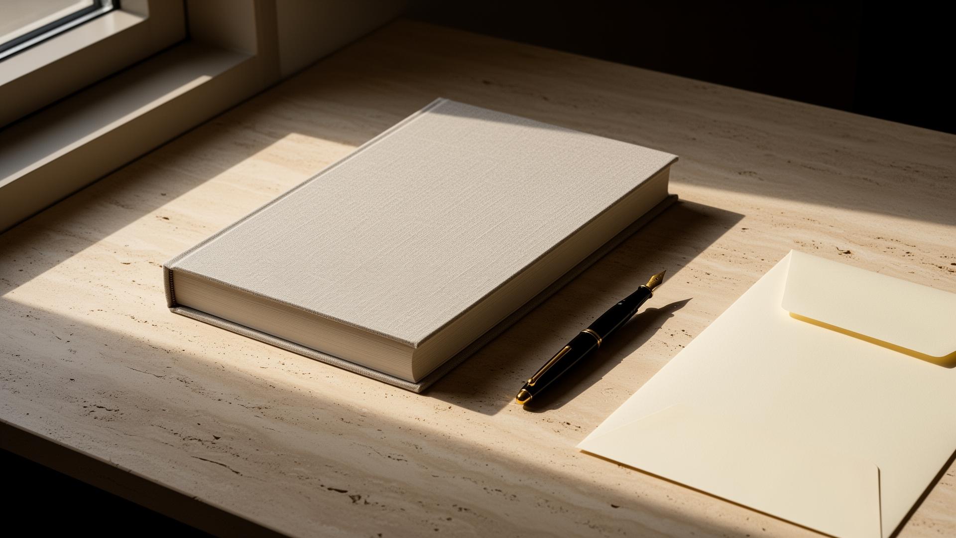 A linen-bound monograph, fountain pen and folded letter on travertine